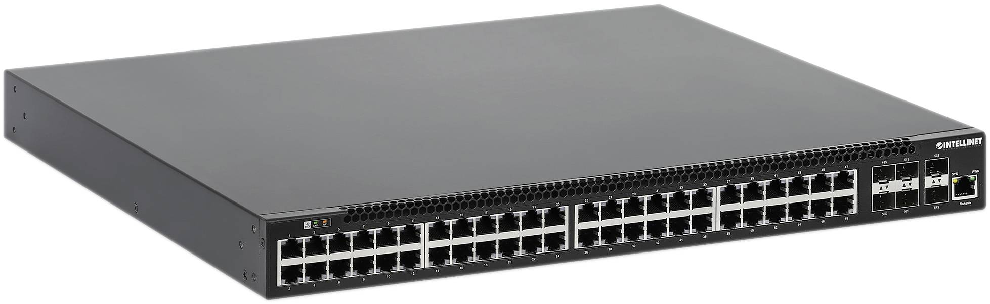 Intellinet 54-Port L3 Fully Managed PoE+ Switch mit 48 Gigabit-Ports und 6 SFP+ Uplinks 19 Zoll Netzwerk-Switch 10 / 100 / 1000 MBit/s IEEE802.3af