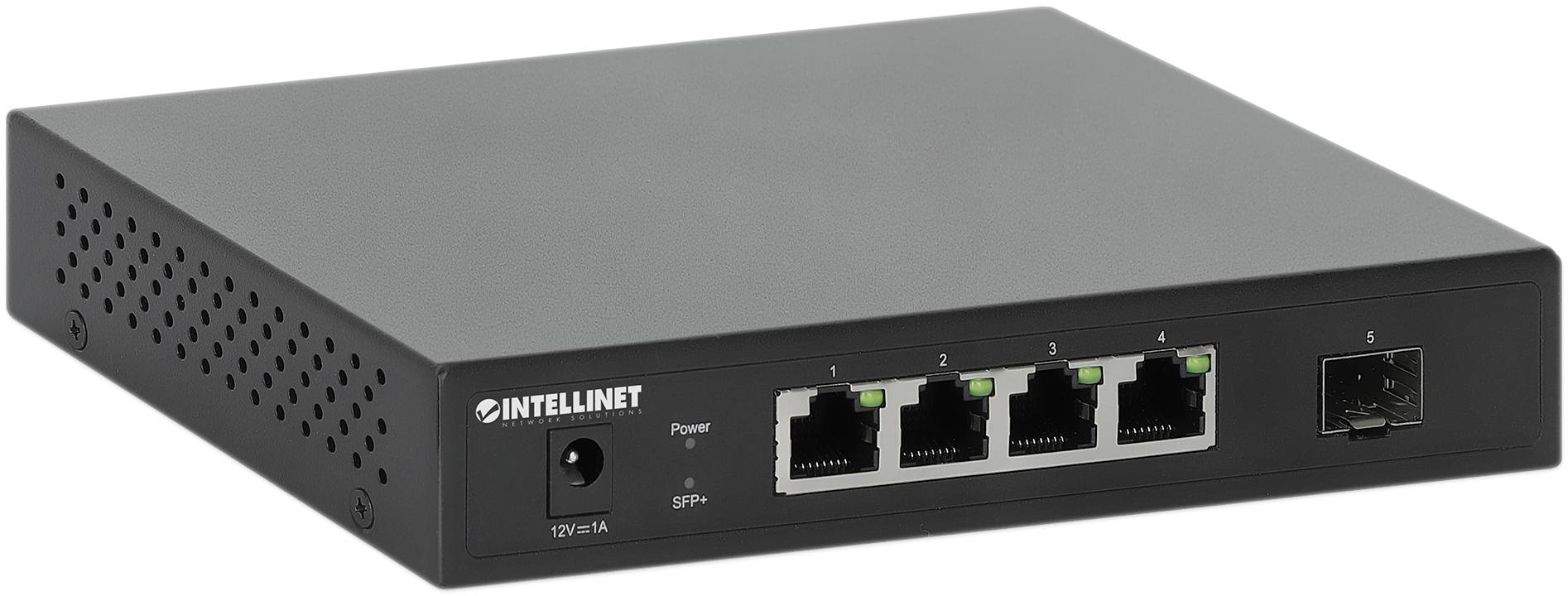 Schwarzer Netzwerk-Switch von Intellinet mit vier Ethernet-Ports und einem SFP-Port, geeignet für Büroumgebungen.