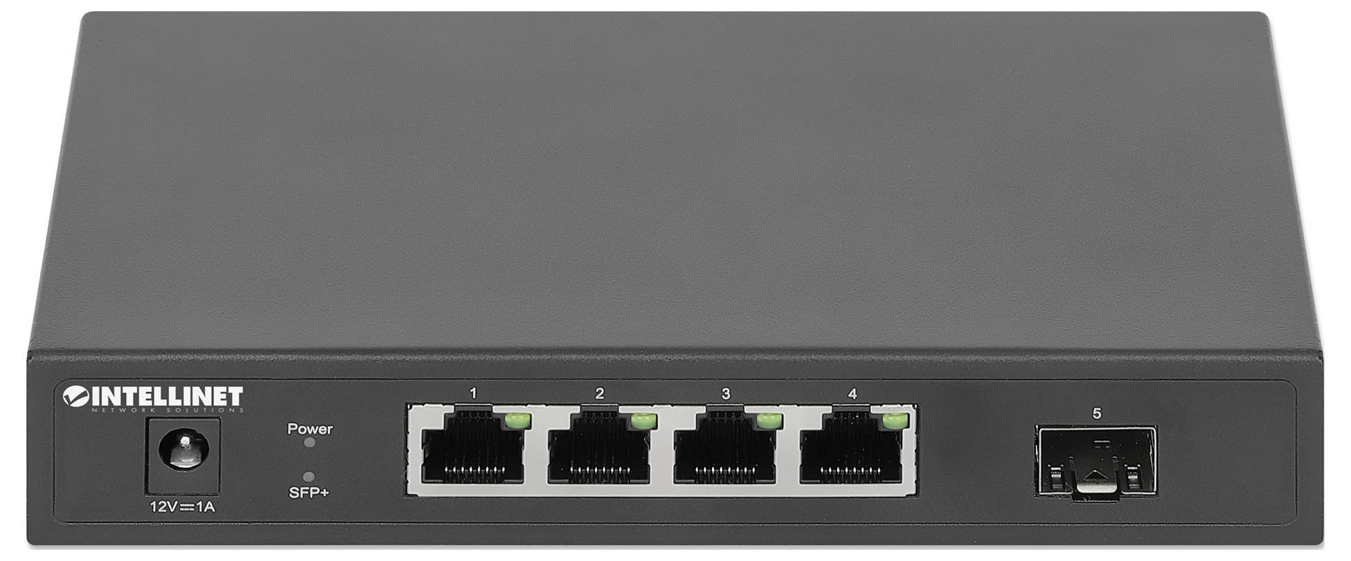 'Intellinet Netzwerkswitch' mit vier Ethernet-Ports und einem SFP-Port, Frontansicht mit Power-LED-Anzeige und SFP-Steckplatz.