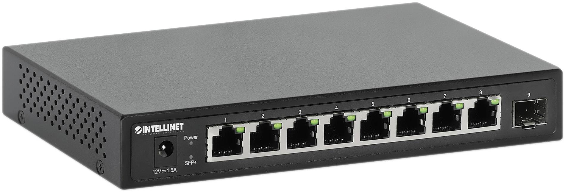 Ein schwarzer Netzwerk-Switch mit acht Ethernet-Ports und einem zusätzlichen Glasfaser-Port. LED-Anzeigen für jeden Port.