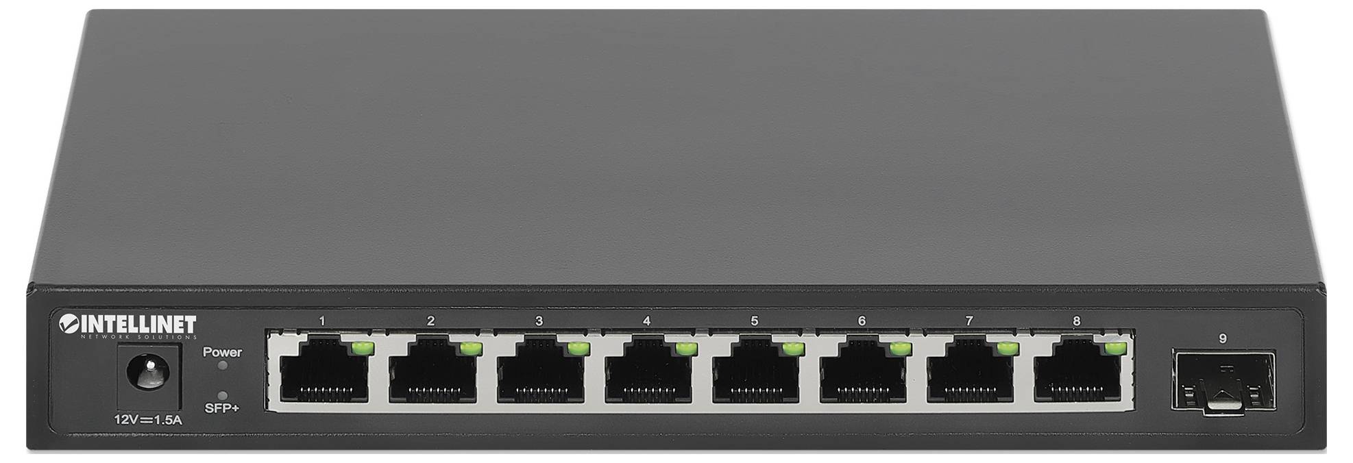 Acht-Port-Netzwerk-Switch mit RJ45-Anschlüssen und einer Glasfaser-Buchse, Marke Intellinet, geeignet für professionelle Netzwerke.