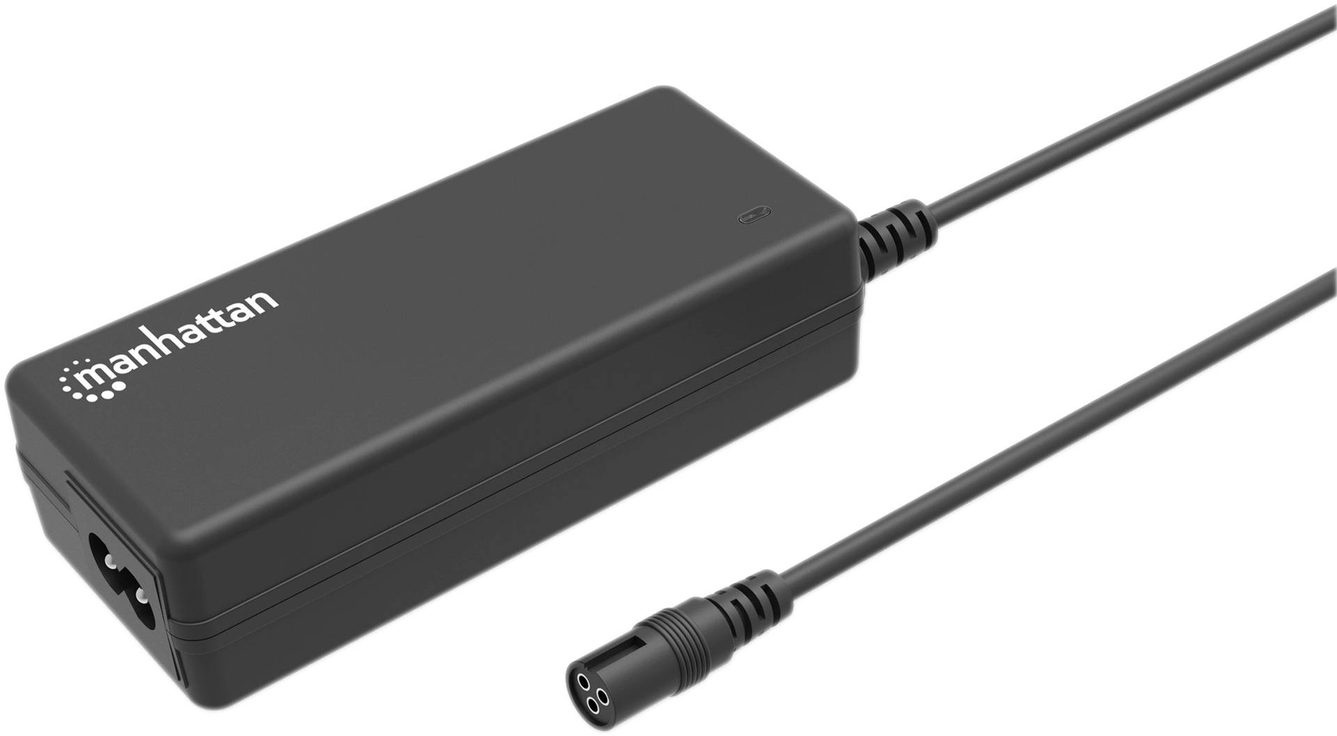 Schwarzes Netzteil mit Kabel und drei-poligem Stecker, Markenlogo 'Manhattan' sichtbar.