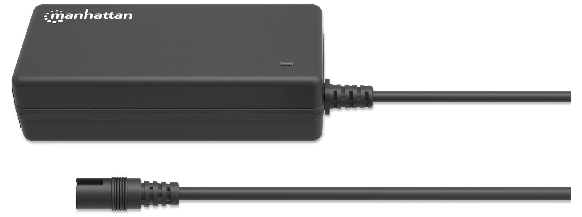 Schwarzes Netzteil von Manhattan mit Kabel und Stecker, geeignet für elektronische Geräte.