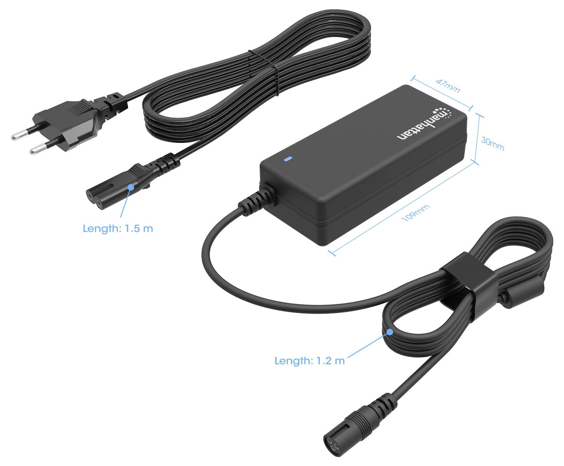 Stromadapter mit zwei Kabeln. Eins ist 1,5 m lang mit zweipoligem Stecker, das andere 1,2 m lang mit rundem Anschluss. Adaptermaße: 47x30x110 mm.