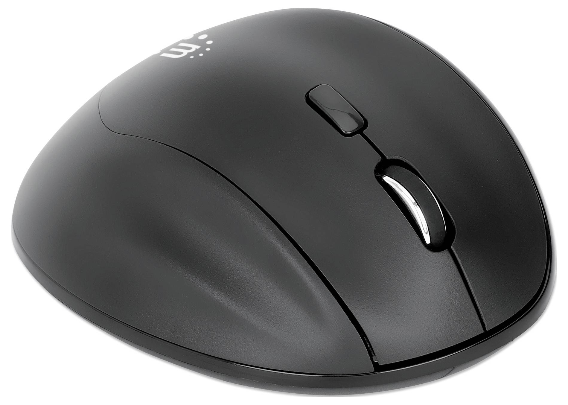 Schwarze, drahtlose Computermaus mit zwei Tasten und einem Scrollrad, geeignet für den täglichen Gebrauch am Computer.