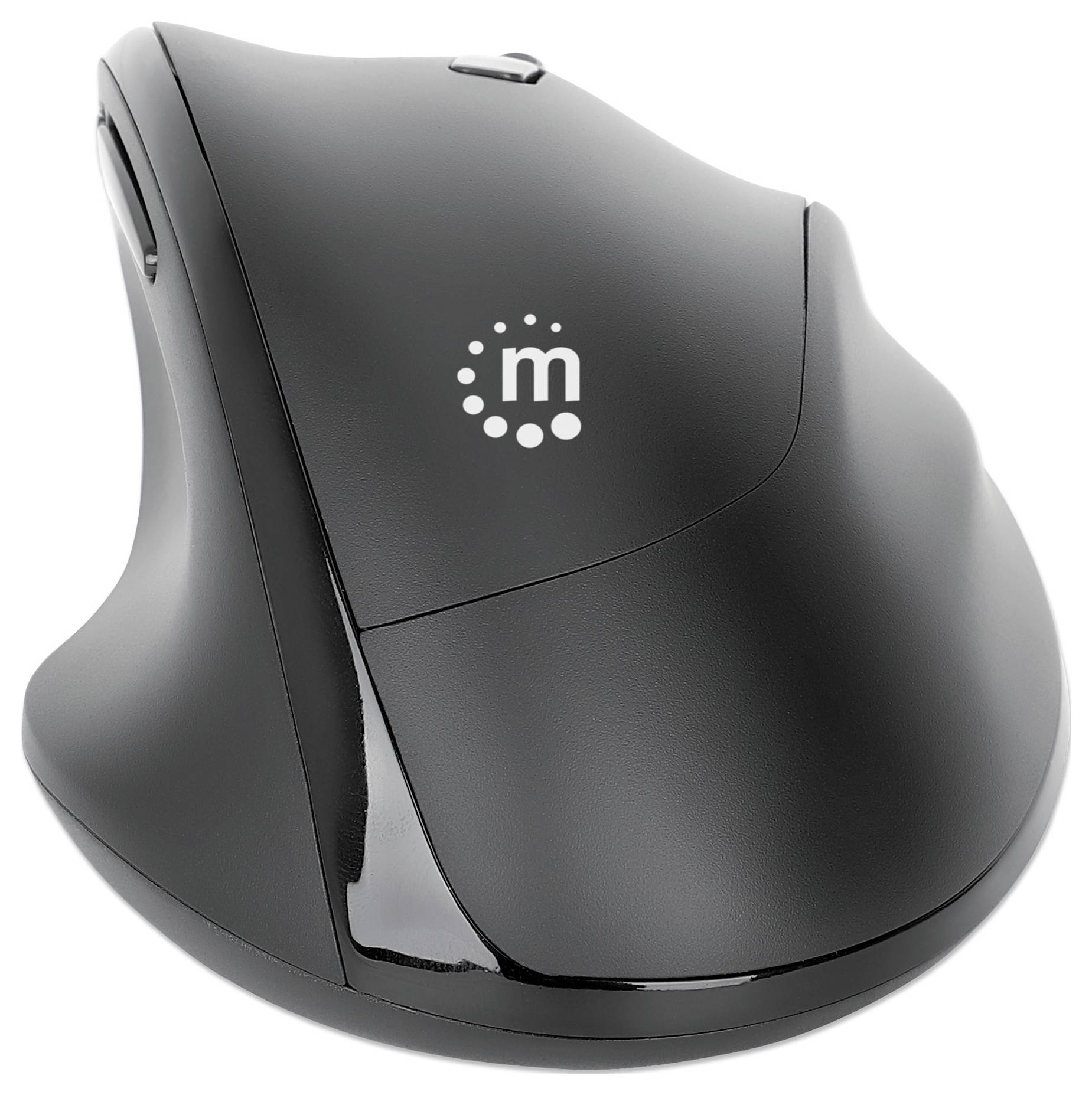 Ergonomische schwarze Computermaus mit geschwungenem Design und seitlicher Taste, ideal für komfortables Arbeiten am PC.