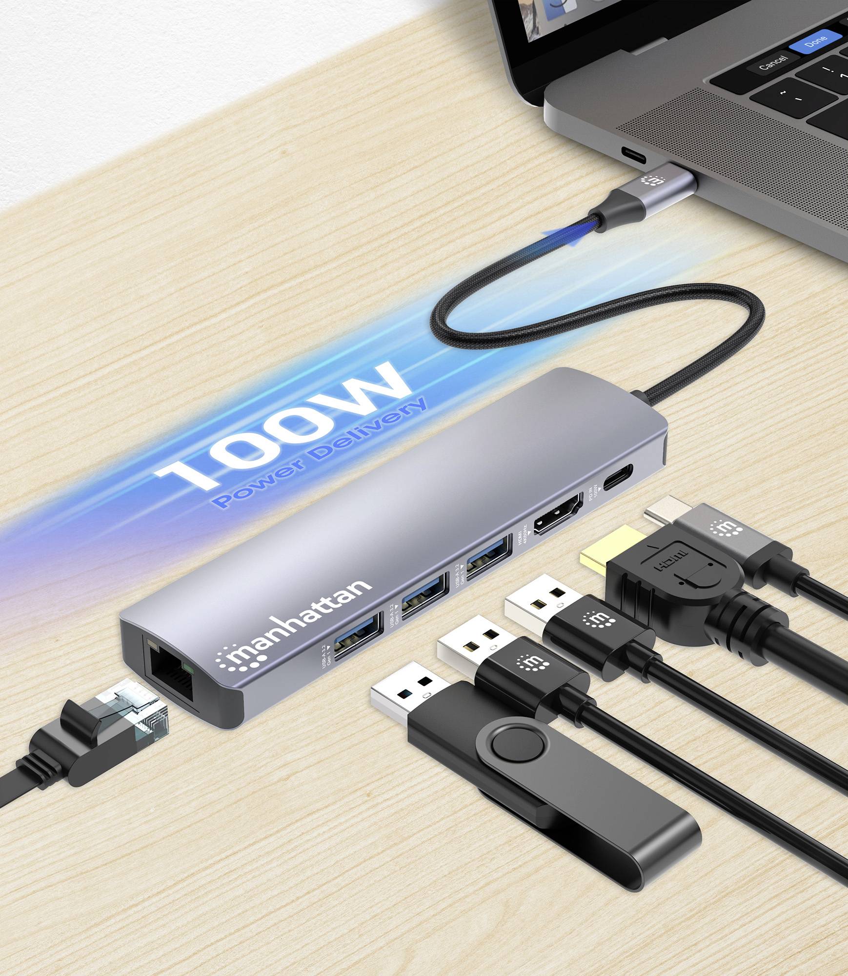 Manhattan Notebook Dockingstation USB-C PD 6-in-1 4K Dockingstation Hub USB-C-Stecker auf HDMI-Port 3xUSB RJ45 inkl. Ladefunktion