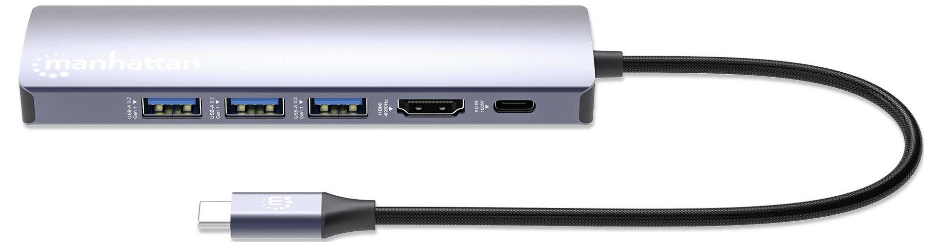 Manhattan Notebook Dockingstation USB-C PD 6-in-1 4K Dockingstation Hub USB-C-Stecker auf HDMI-Port 3xUSB RJ45 inkl. Ladefunktion