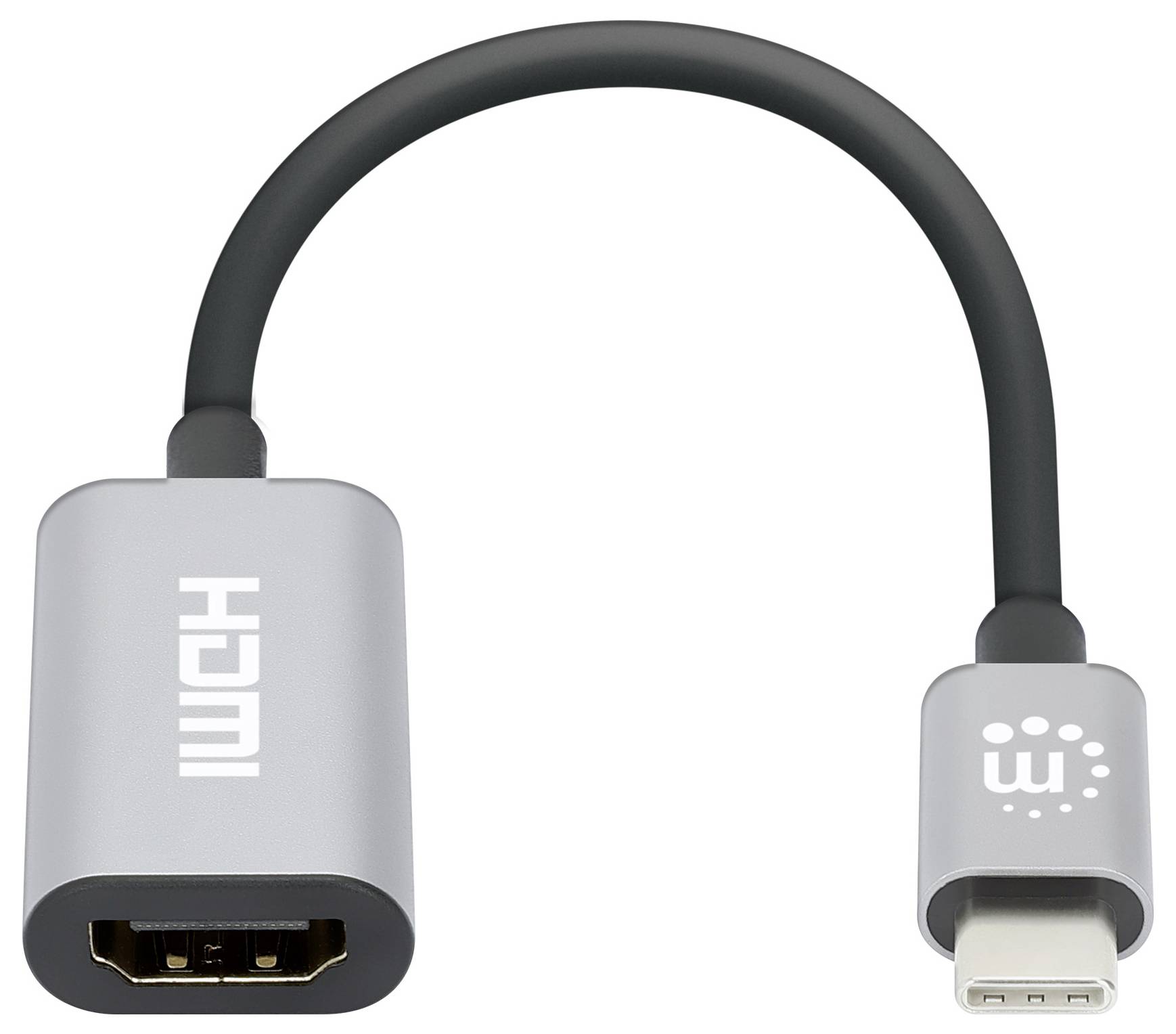 Ein grauer HDMI-Adapter mit USB-C-Anschluss, verwendet zur Verbindung von Geräten mit unterschiedlichen Schnittstellen.