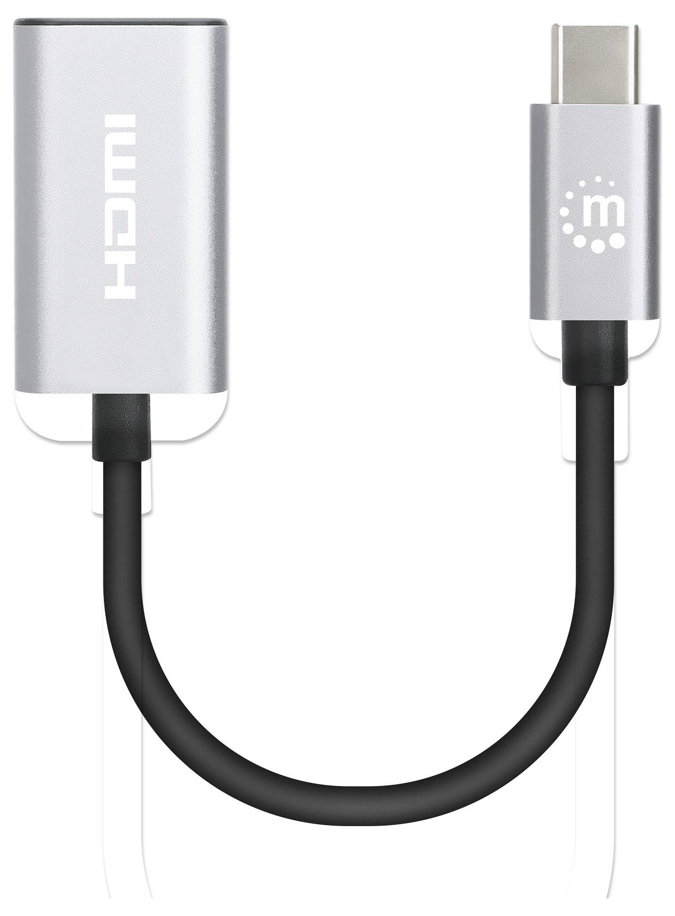Ein silberner Adapter mit HDMI- und USB-C-Anschluss, verbunden durch ein kurzes Kabel.