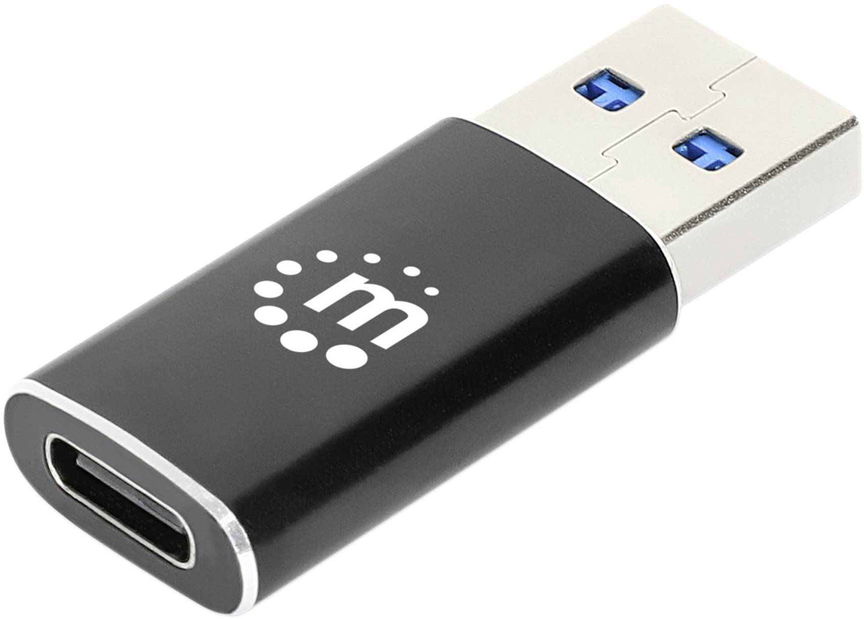 USB-Adapter mit schwarzem Gehäuse und USB-C auf USB-A Anschluss, auf einer weißen Fläche liegend.