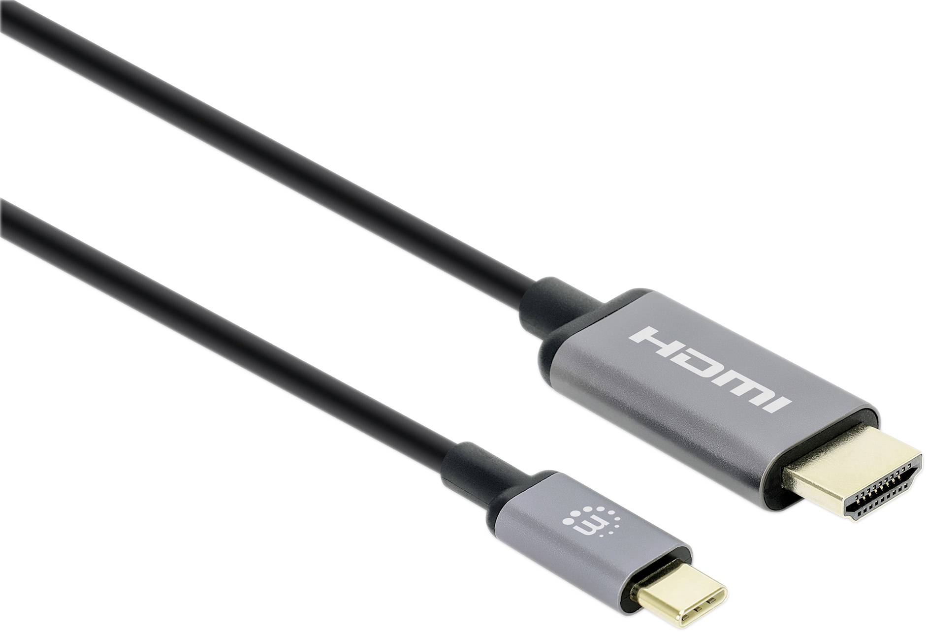 Ein schwarzes HDMI-Kabel mit einem HDMI-Stecker an einem Ende und einem USB-C-Stecker am anderen Ende, geeignet für Verbindung von Geräten.