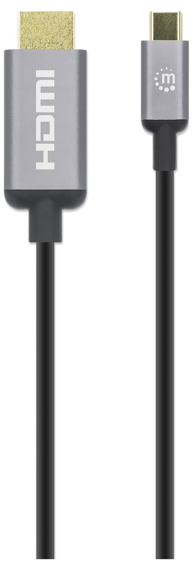 Ein HDMI-auf-USB-C-Kabel mit grauem Gehäuse und schwarzem Kabel, geeignet für die Verbindung von Computern und Displays.
