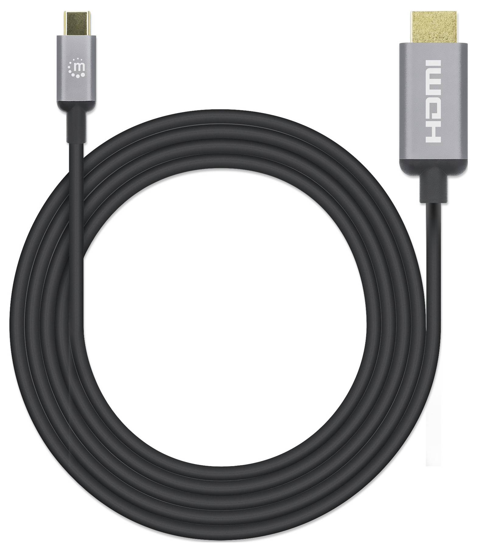 Ein schwarzes HDMI-Kabel mit Metallsteckern. Links ein Mikroanschluss, rechts ein Standard-HDMI-Anschluss, typischerweise für Videoverbindungen.