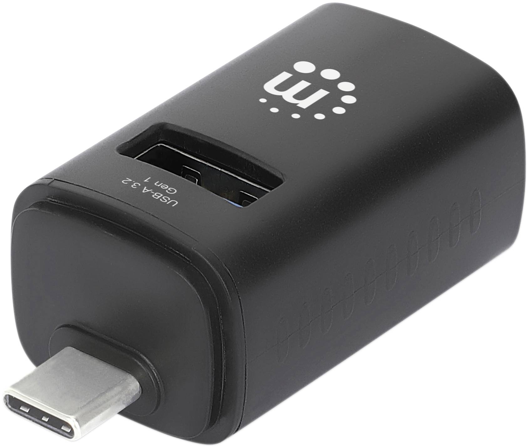 Ein schwarzer USB-C-Adapter mit USB-A-3.2-Anschluss und einem Logo auf der Oberseite.
