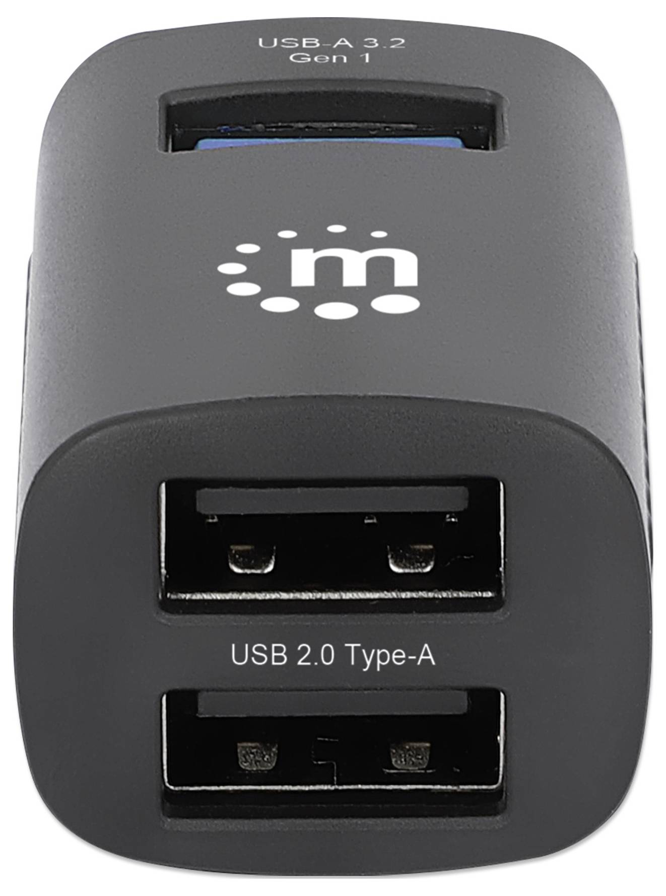 USB-Hub mit zwei Anschlüssen: oben USB 3.2 Gen 1, unten USB 2.0 Type-A. Gerät ist grau mit dem Logo eines Punktmusters.