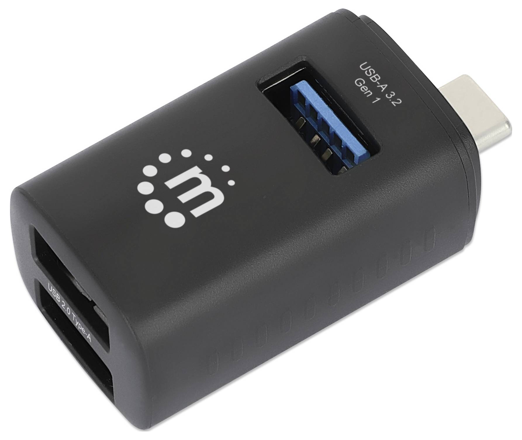 USB-C-Adapter mit USB-A 3.2 und USB-C-Anschlüssen in Schwarz.