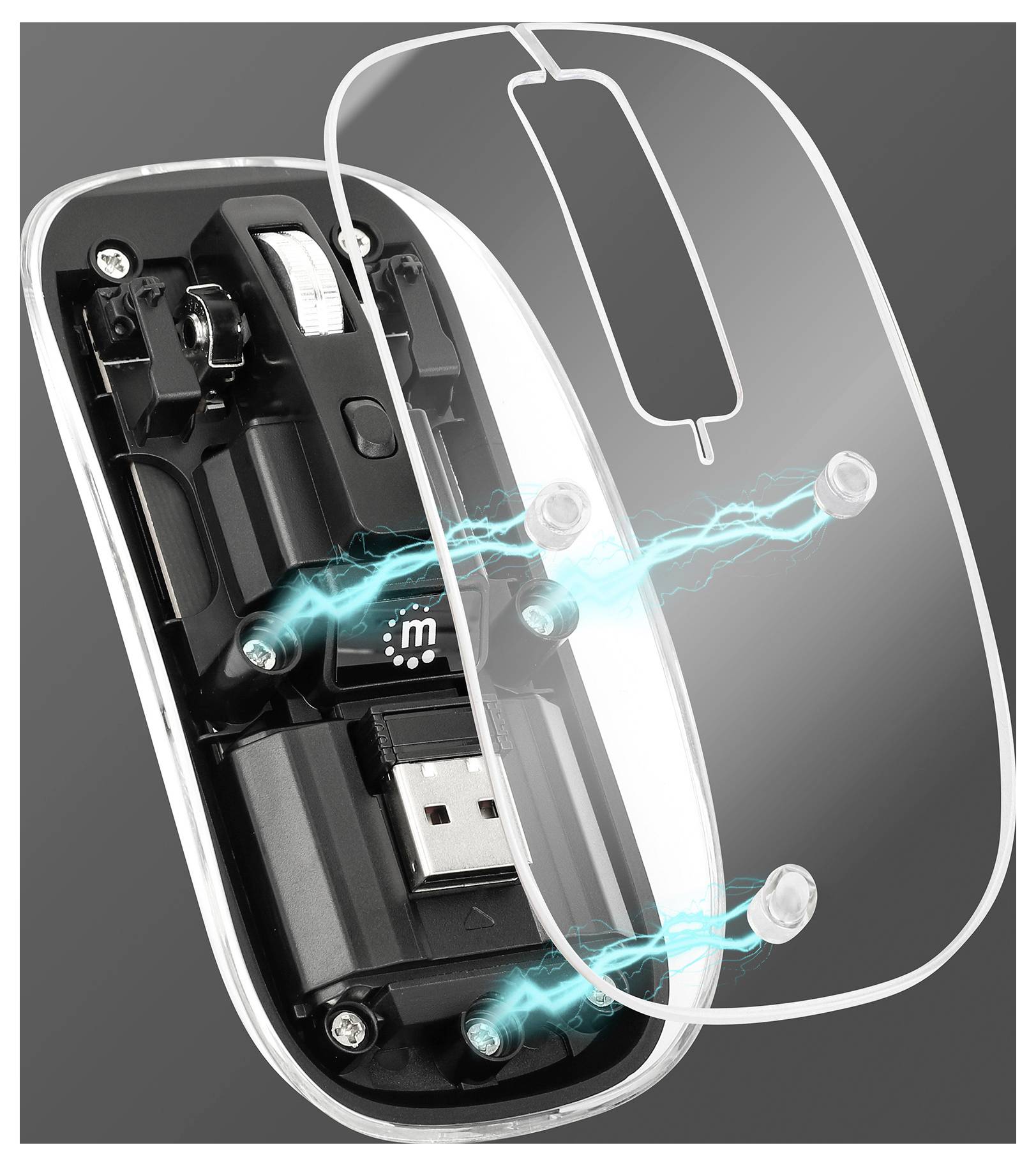 Manhattan Maus Kabellos Optisch Transparent, Schwarz 4 Tasten 800 dpi, 1200 dpi, 1600 dpi Geräuscharme Tasten, Integriertes