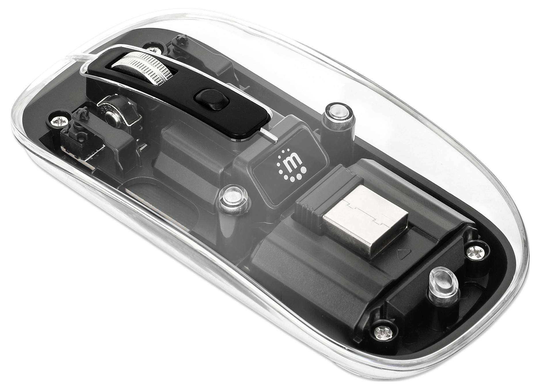 Manhattan Maus Kabellos Optisch Transparent, Schwarz 4 Tasten 800 dpi, 1200 dpi, 1600 dpi Geräuscharme Tasten, Integriertes