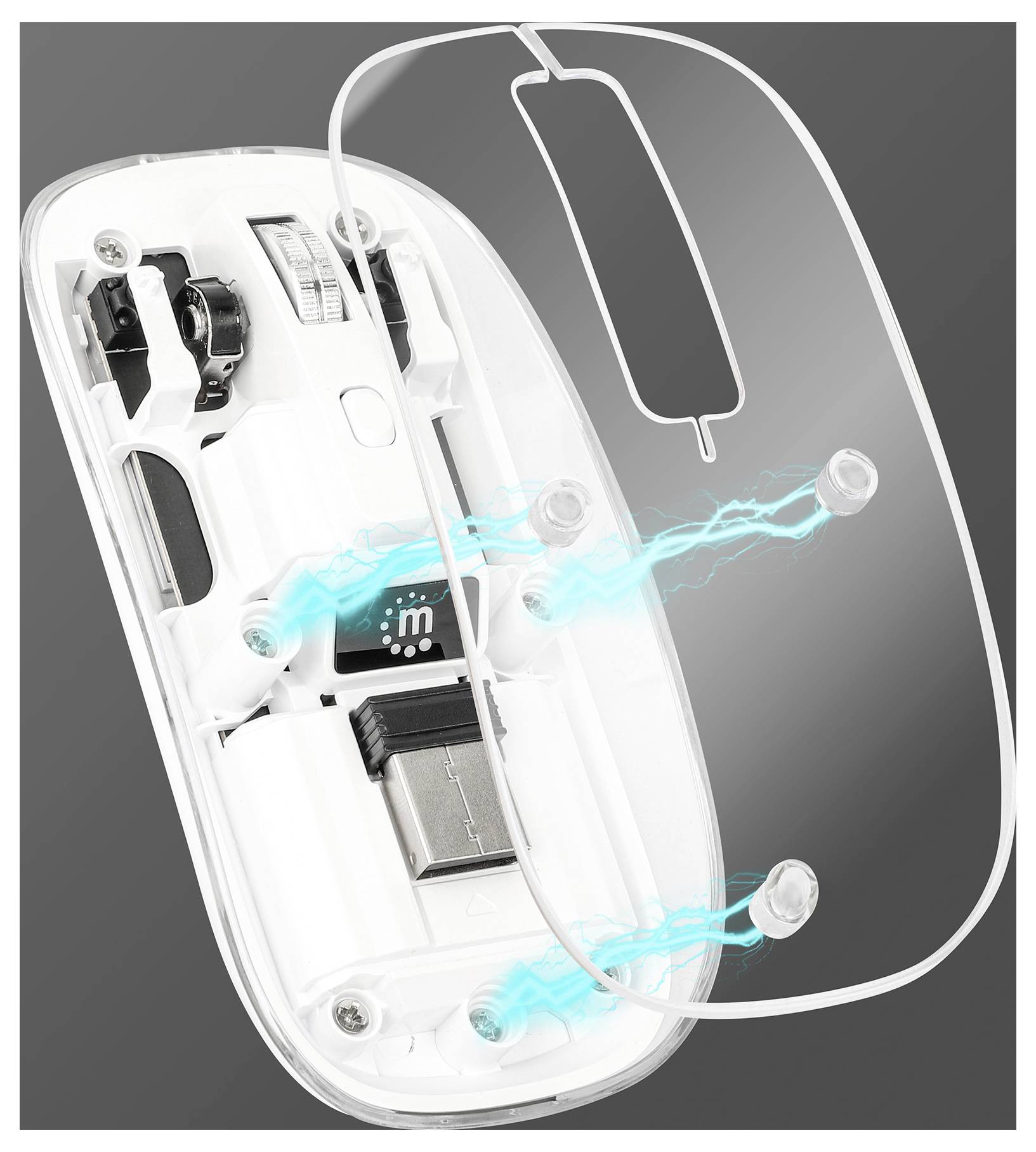 Manhattan Maus Kabellos Optisch Transparent, Weiß 4 Tasten 800 dpi, 1200 dpi, 1600 dpi Geräuscharme Tasten, Integriertes Scrollrad
