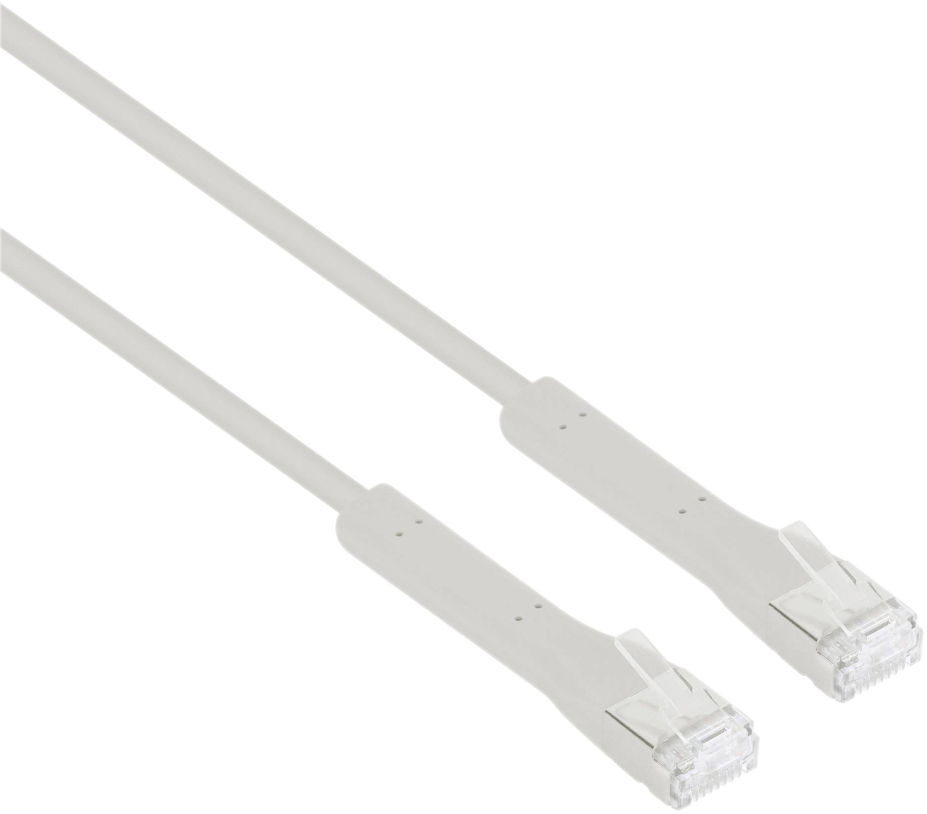 Zwei flache Ethernet-Kabel mit weißen Steckern an beiden Enden, nebeneinander liegend. Ideal für Netzwerkverbindungen in engen Räumen.