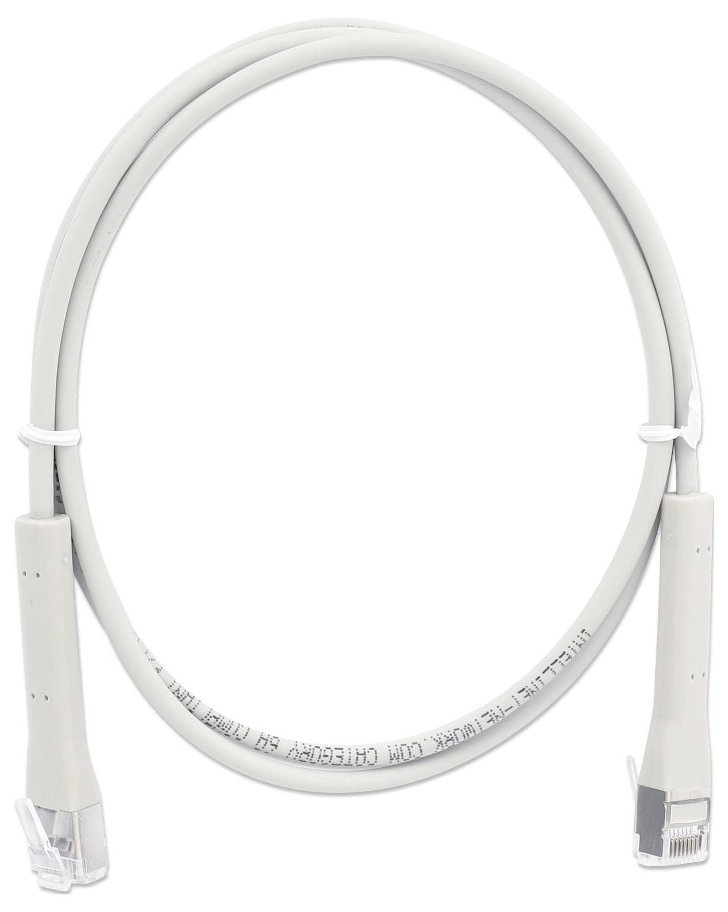 Graues Ethernet-Kabel mit RJ-45-Steckern an beiden Enden, eingerollt; zur Netzwerkverbindung geeignet.