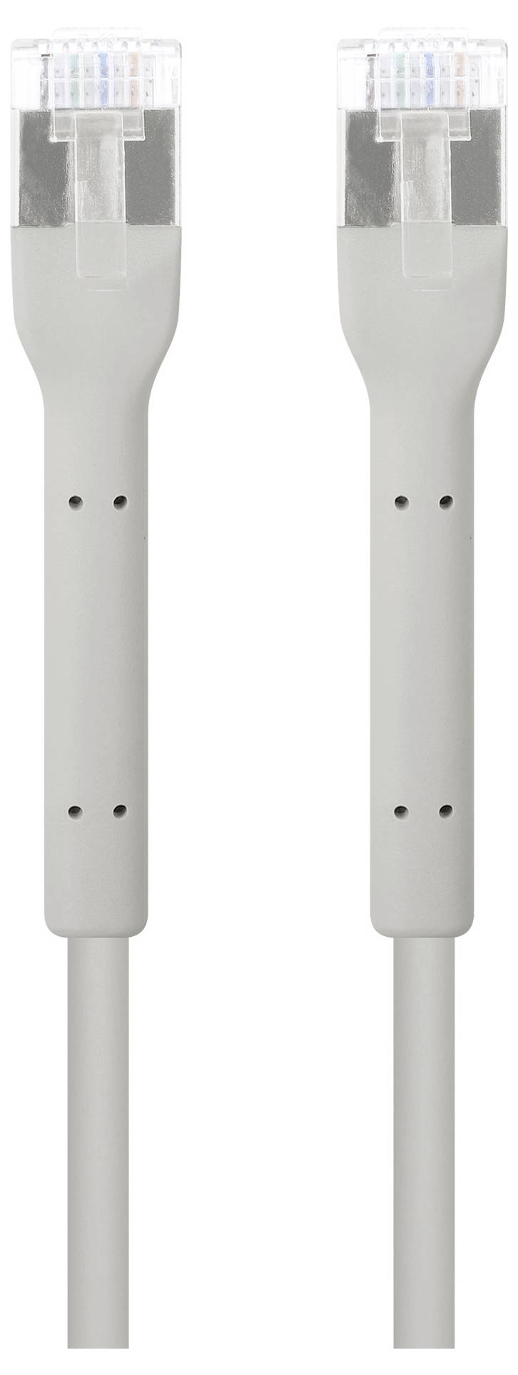 Graues Ethernet-Kabel mit zwei RJ45-Steckern für Netzwerkverbindungen.