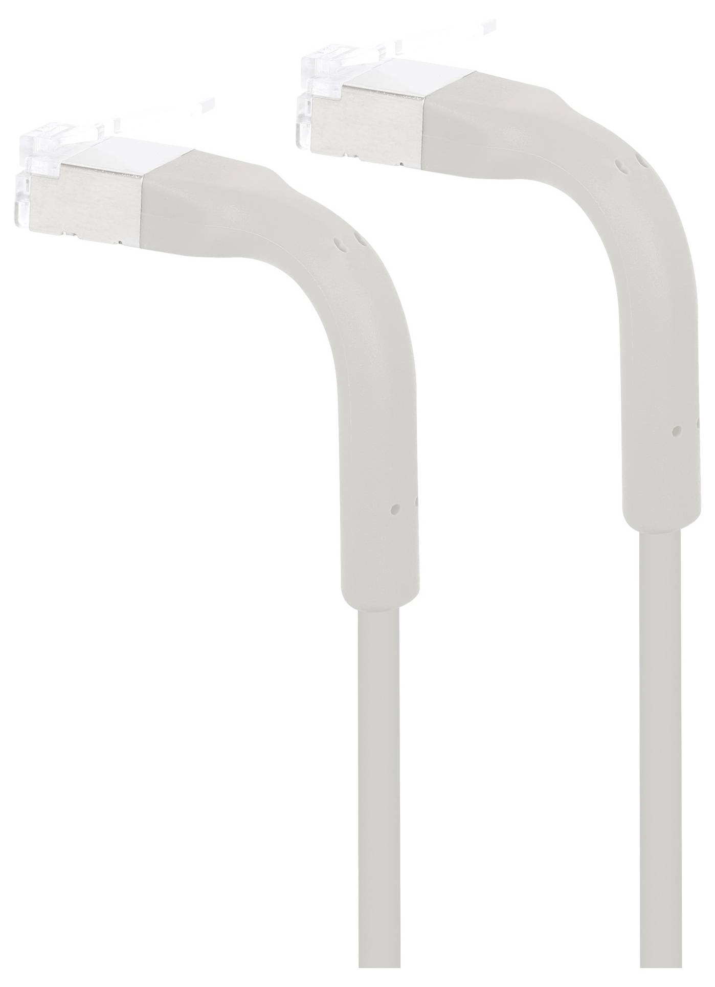 Zwei graue Netzwerkkabel mit abgewinkelten RJ45-Steckern für platzsparende Verbindungen in engen Räumen.