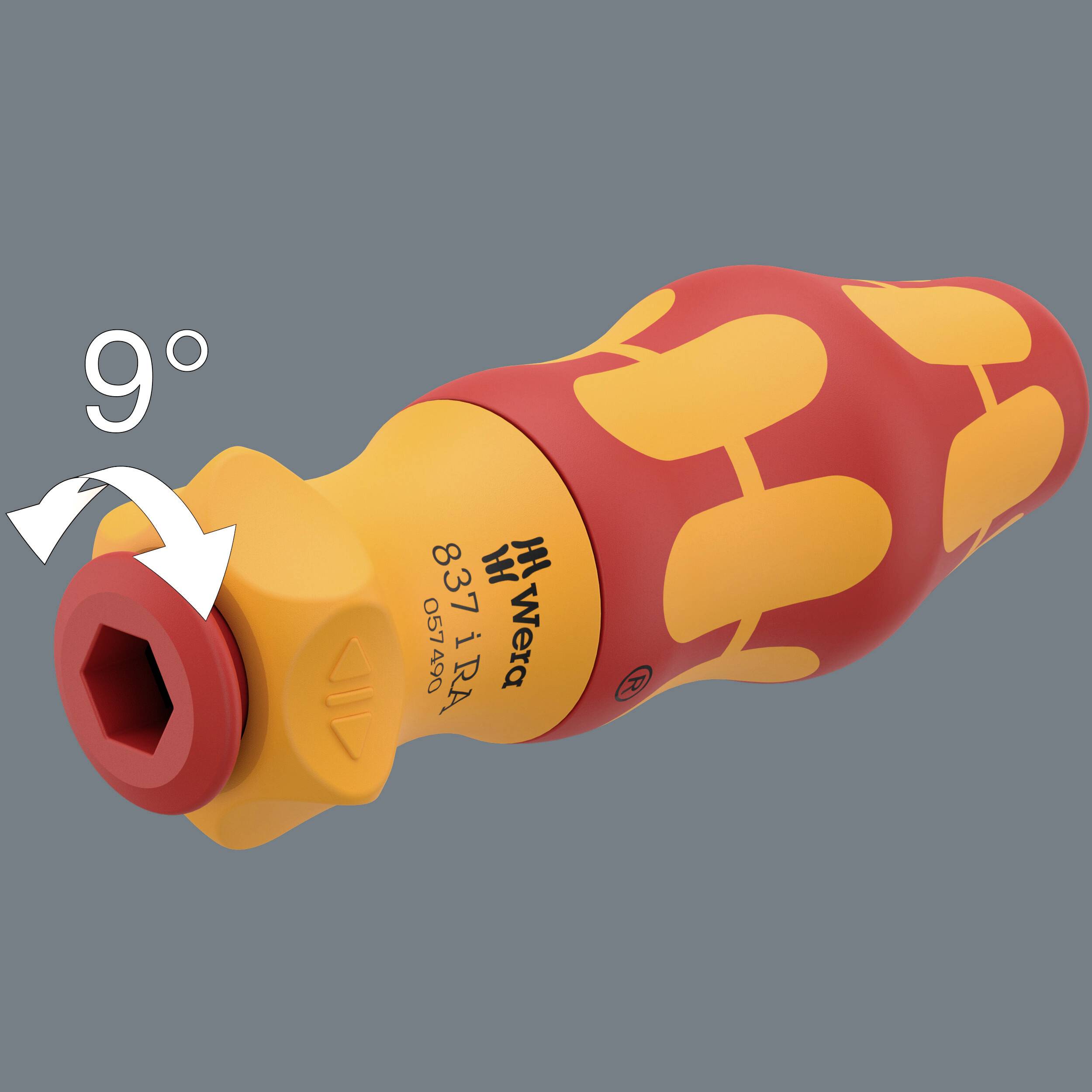 Ein ergonomischer Schraubendreher von Wera mit rotem und gelbem Griff. Ein Pfeil zeigt eine Neigung von 9 Grad am Sechskantkopf an.