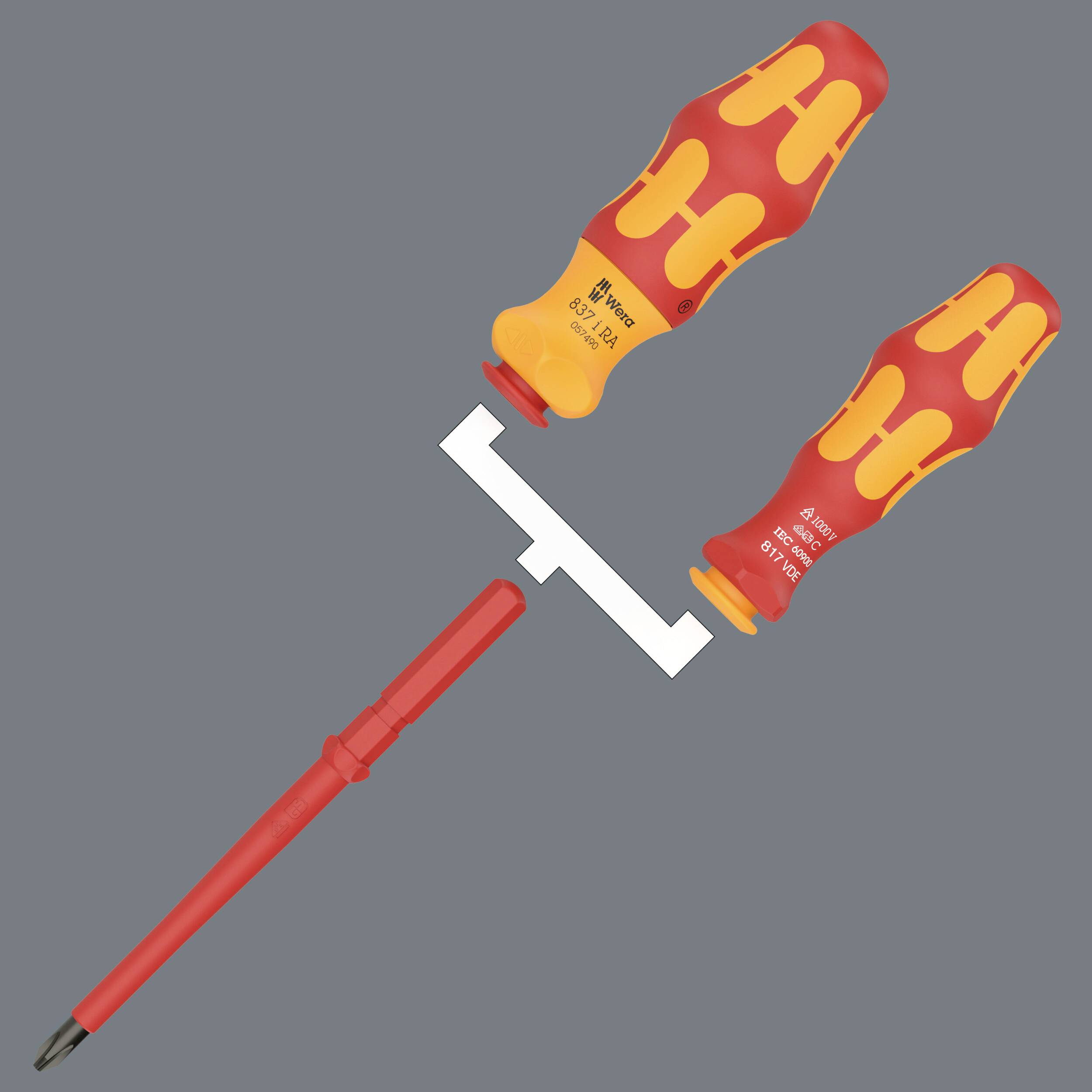 Zwei Schraubendreher mit isolierten Griffen aus Kunststoff in Rot und Gelb, mit unterschiedlichen Spitzen für verschiedene Schraubentypen.