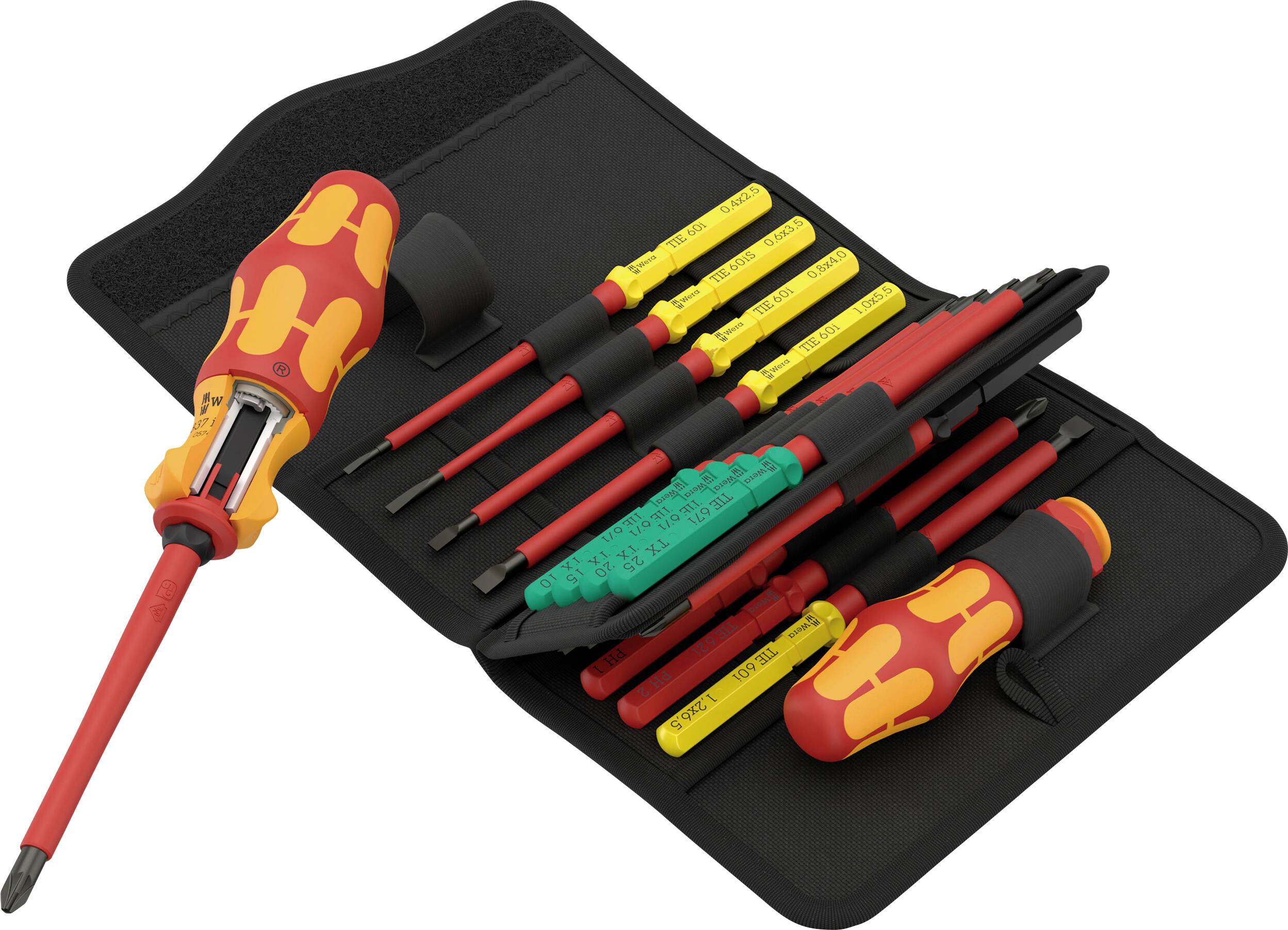 Ein Set isolierter Schraubendreher mit verschiedenen Klingen und ergonomischen Griffen, ausgelegt für Elektroarbeiten.