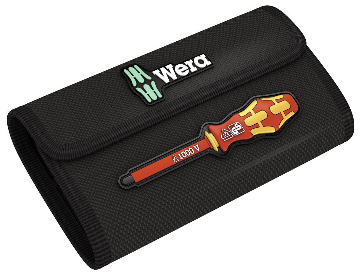 Werkzeugtasche der Marke Wera mit einem abgebildeten orangenen Schraubendreher für 1000 V.