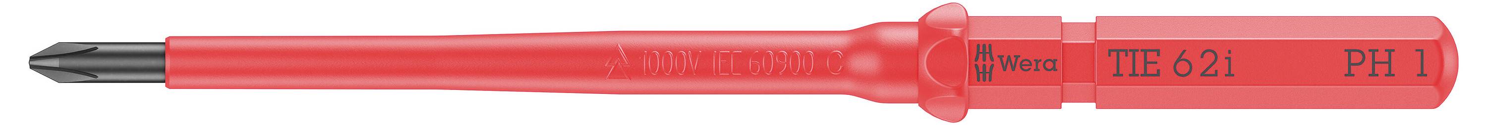 Ein roter Schraubendreher mit der Aufschrift 'Wiha TTE 621 PH 1', geeignet für präzises Arbeiten und Einsatz bei empfindlichen Geräten.