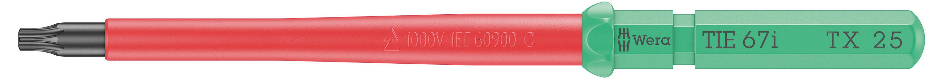 Ein roter Schraubendreher für Torx-Schrauben mit grünem Griff, auf dem 'Wera' und 'TX 25' steht.