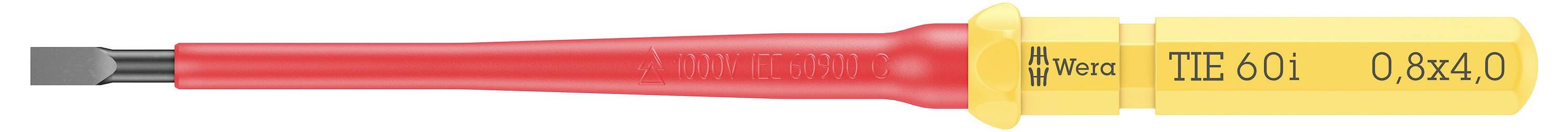 Schraubendreher mit rotem Griff und gelber Isolierung, beschriftet mit 'TME 601 0,8x4,0', geeignet für präzises Arbeiten.