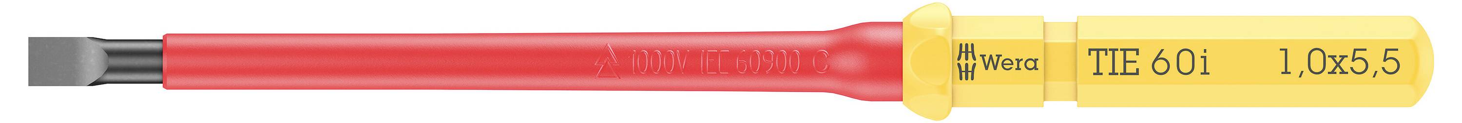 Gelb-roter Schlitzschraubenzieher mit der Aufschrift 'THE 601 1,0x5,5', geeignet für Präzisionsarbeiten in Elektrik und Elektronik.
