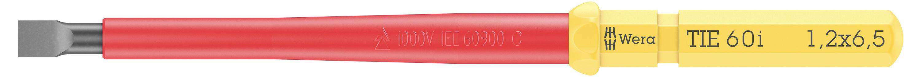 Isolierter Flachschraubendreher mit rotem Griff und gelbem Kopf, Aufschrift 'TTIE601 1,2x5'. Werkzeug für Elektroarbeiten.