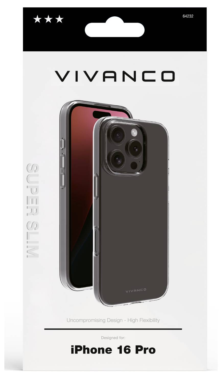Verpackung eines Vivanco Super Slim Handyhülle für iPhone 16 Pro, zeigt das Produkt mit drei Sternen Bewertung oben links.