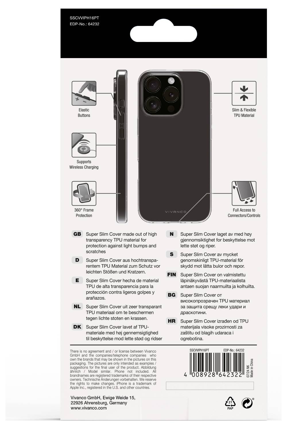 Eine Handyhülle aus TPU und PC wird gezeigt. Merkmale: Tastenabdeckung, MagSafe-Kompatibilität, erhöhte Kante zum Schutz der Kamera.