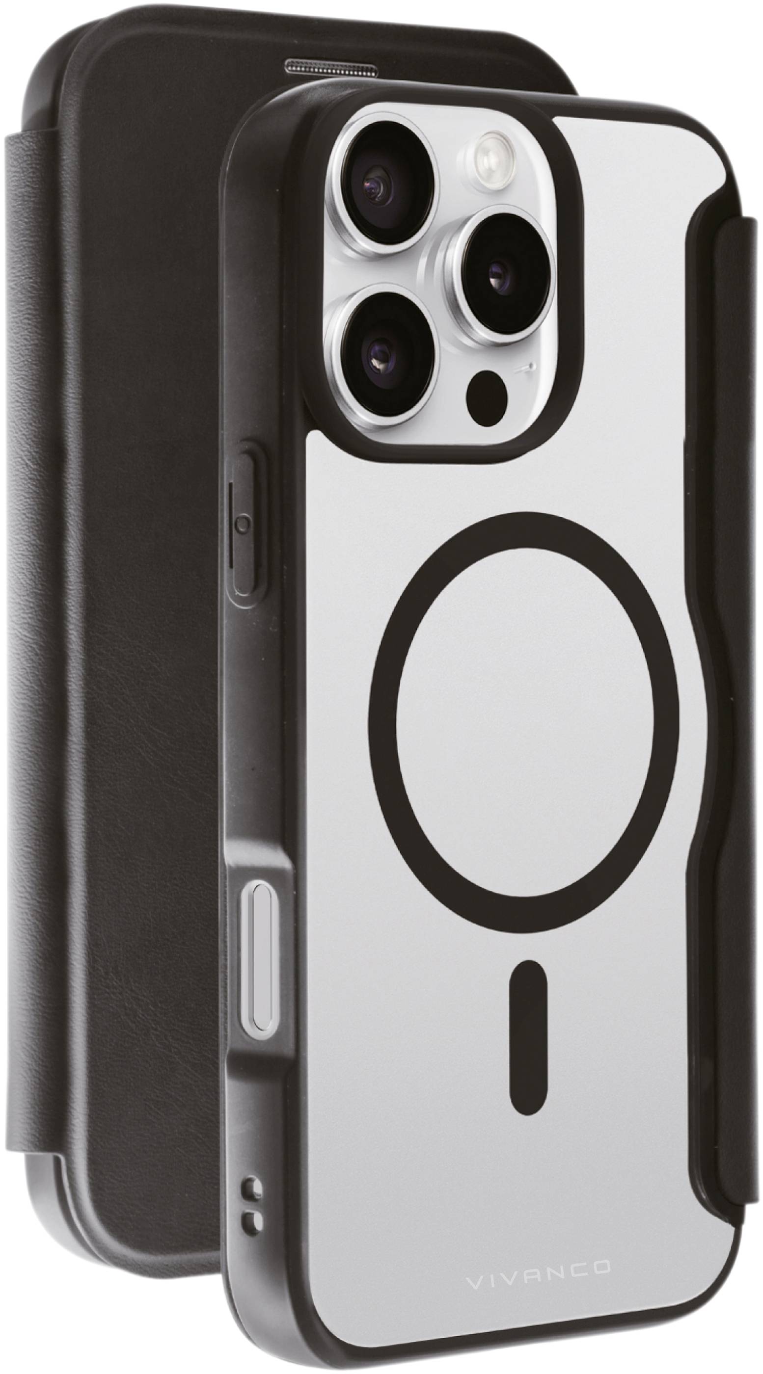 Vivanco MAG PREMIUM Booklet Apple iPhone 16 Pro Max Schwarz Induktives Laden, Sanddicht, Spritzwasserfest, Staubdicht, Stoßfest