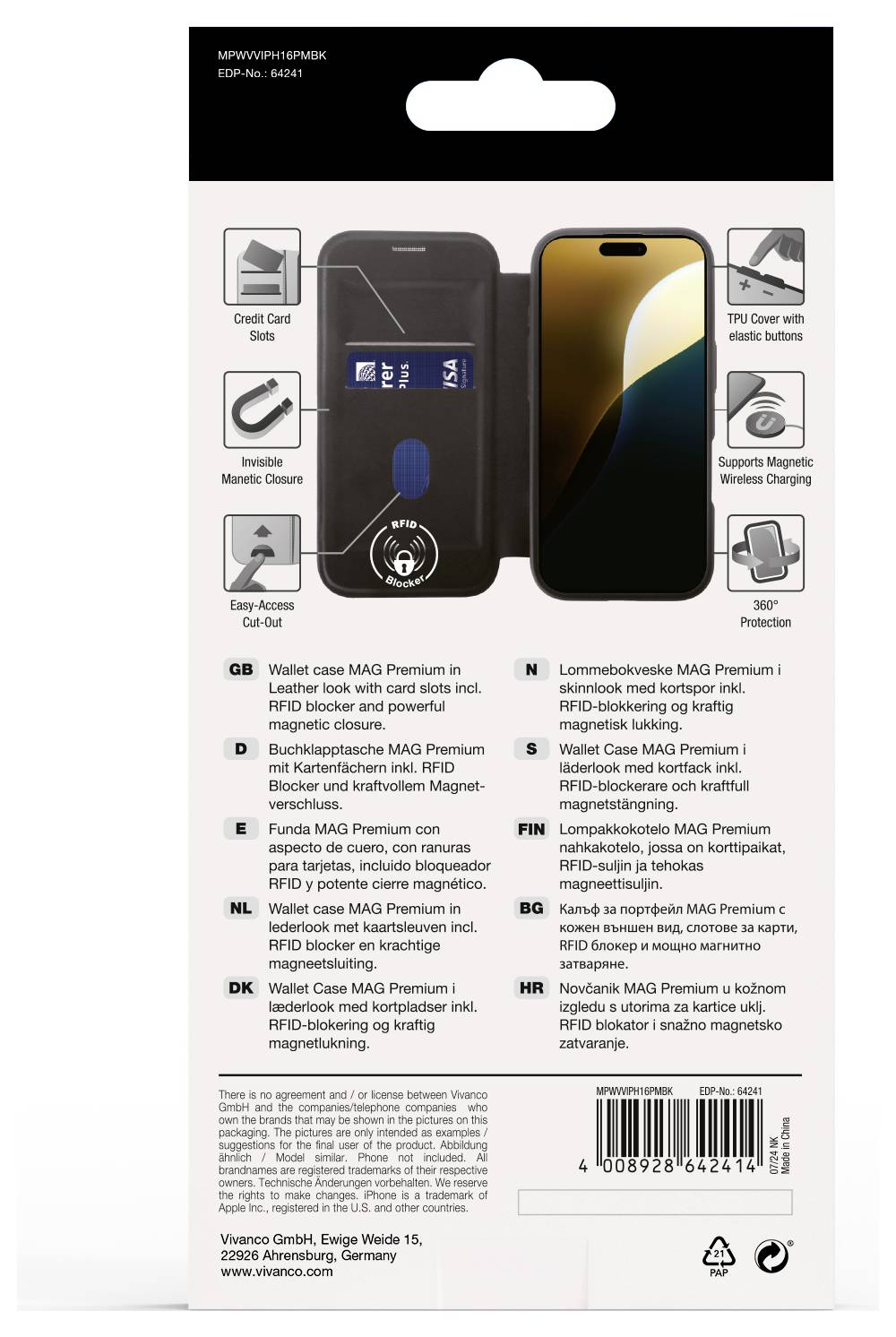 Vivanco MAG PREMIUM Booklet Apple iPhone 16 Pro Max Schwarz Induktives Laden, Sanddicht, Spritzwasserfest, Staubdicht, Stoßfest