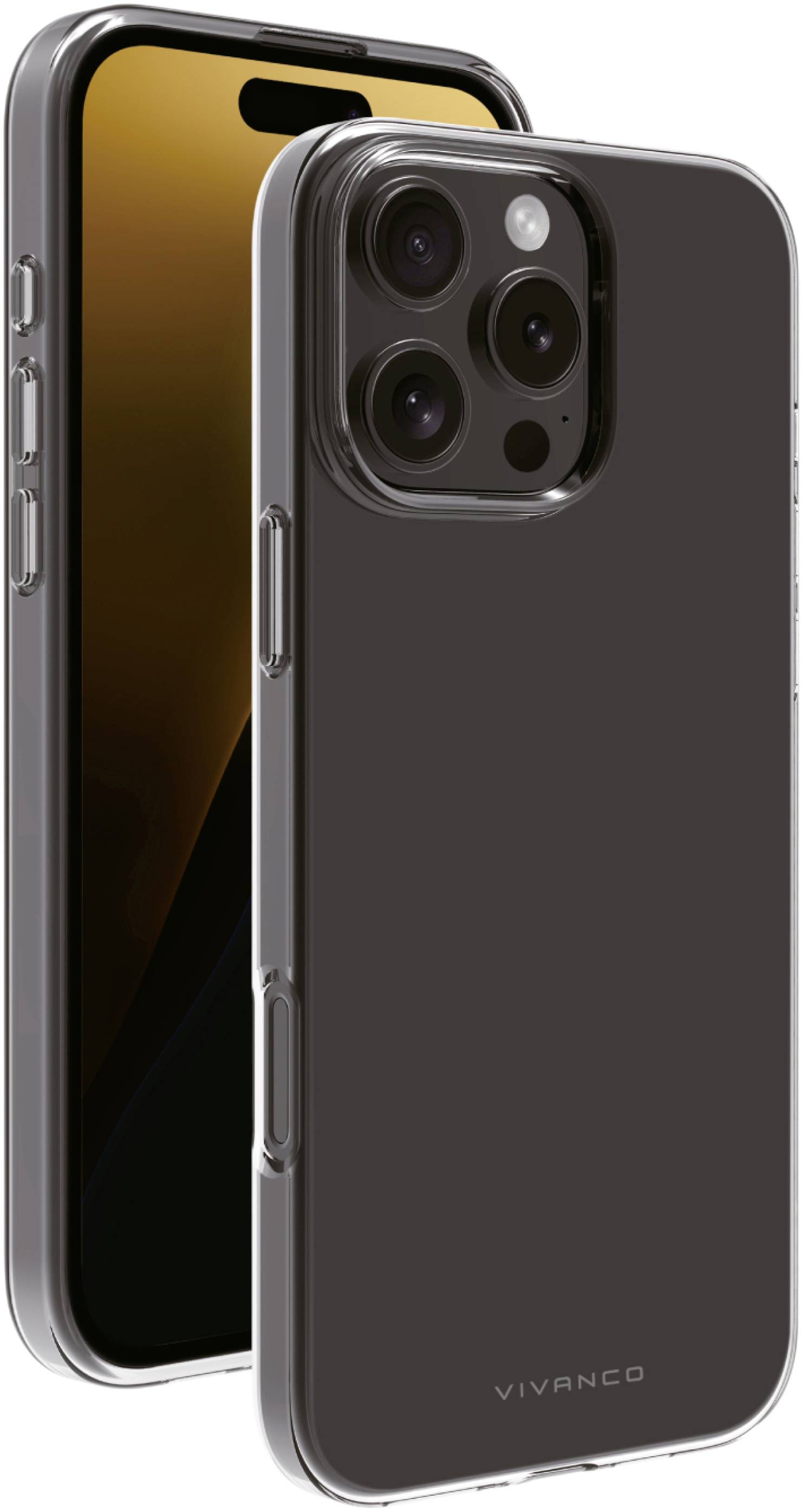 Zwei moderne Smartphones mit dunklem Display und Hülle. Rückseite zeigt Kameraobjektive und Markenname 'Vivanco'.