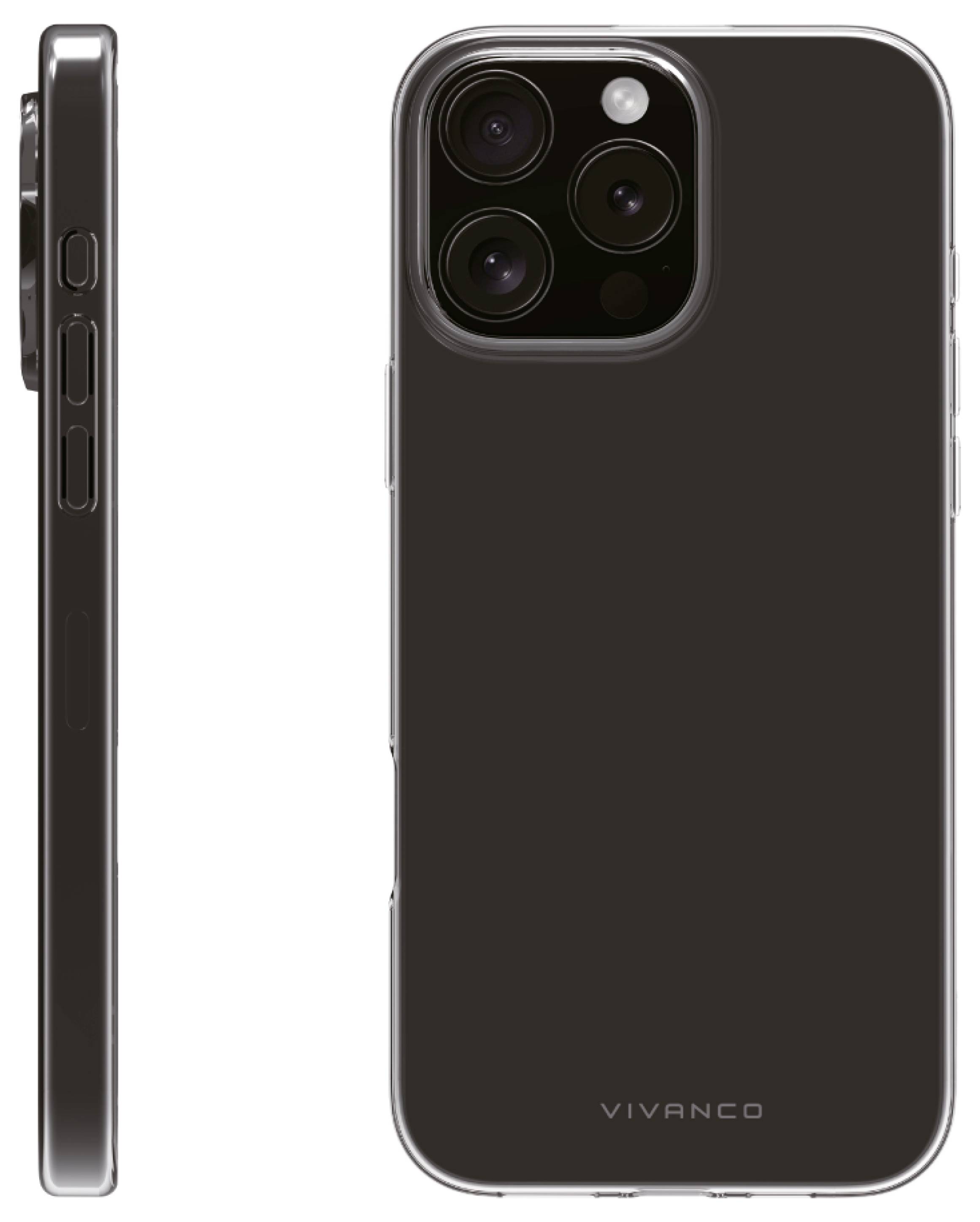 Eine schwarze Handyhülle von Vivanco mit Aussparungen für die Kamera und Seitentasten.