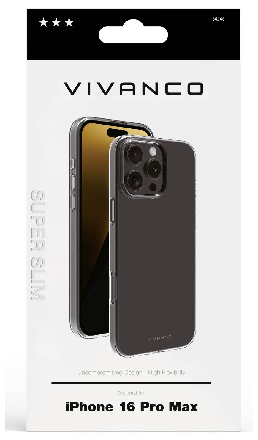 Verpackung einer schwarzen Handyhülle von Vivanco, passend für iPhone 16 Pro Max, mit der Aufschrift: 'Uncompromising Design - High Flexibility'.