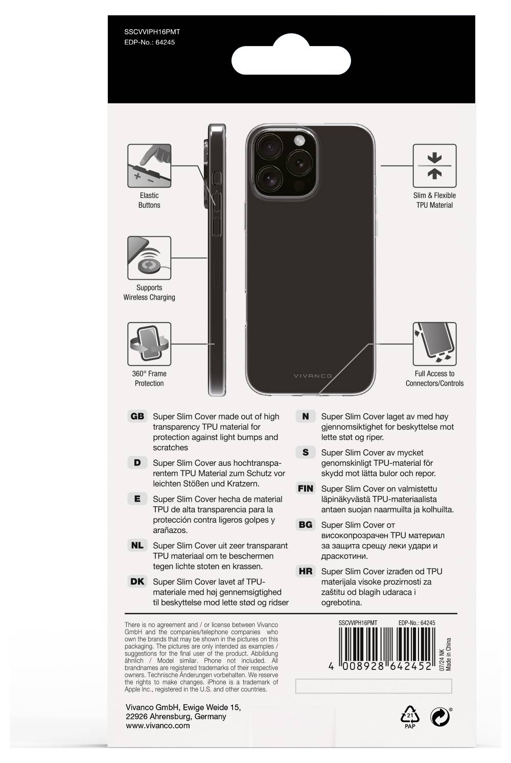 Abbildung einer Handyhülle aus TPU-Material mit vollständigem Zugriff auf alle Tasten und Anschlüsse, verdecktem Logo und kabelloser Ladeoption.