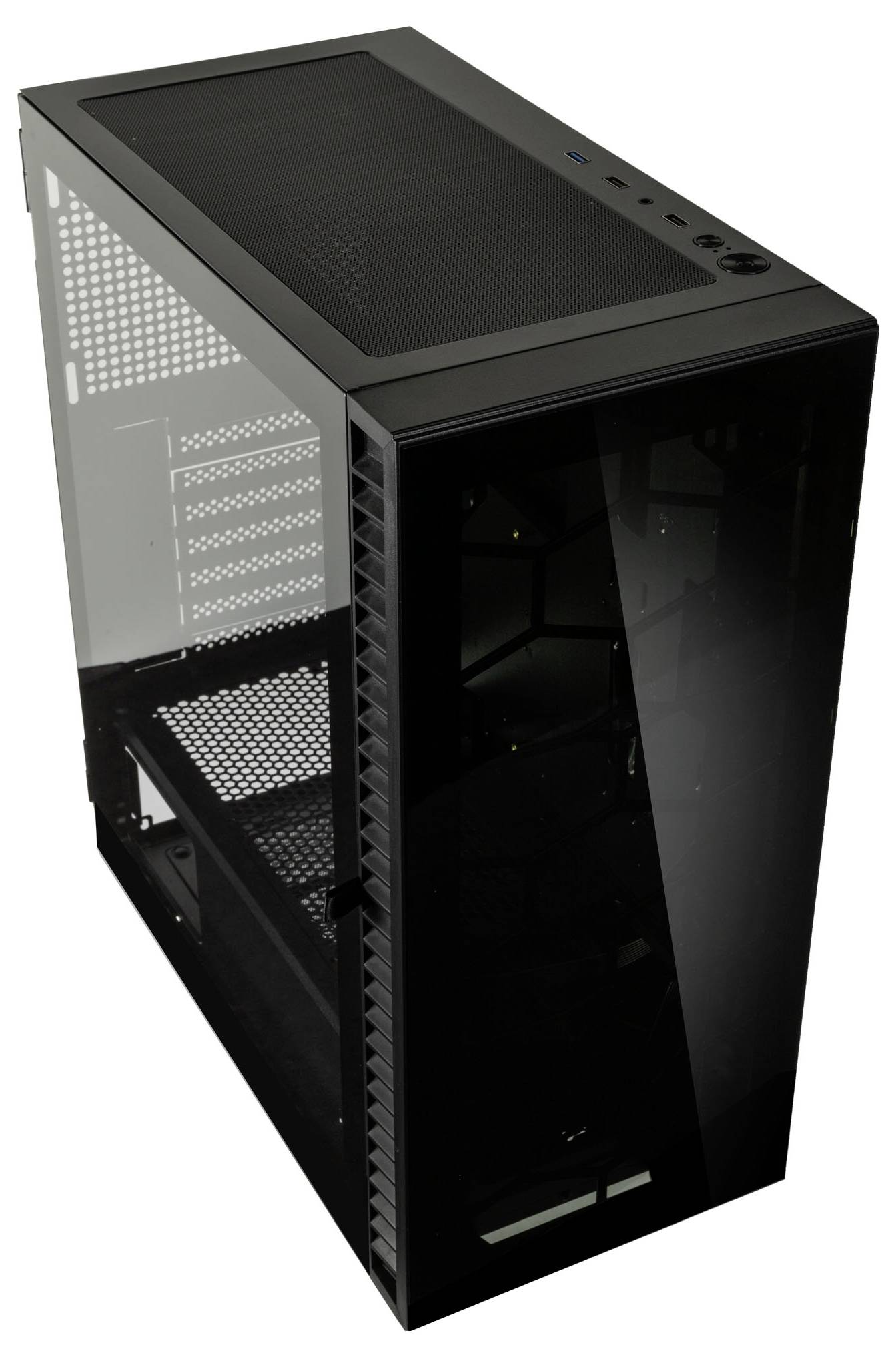 Schwarzes PC-Gehäuse aus Glas mit belüftetem Deckel, Seitenfenster und Frontanschlussmöglichkeiten. Geeignet für Gaming-PCs.