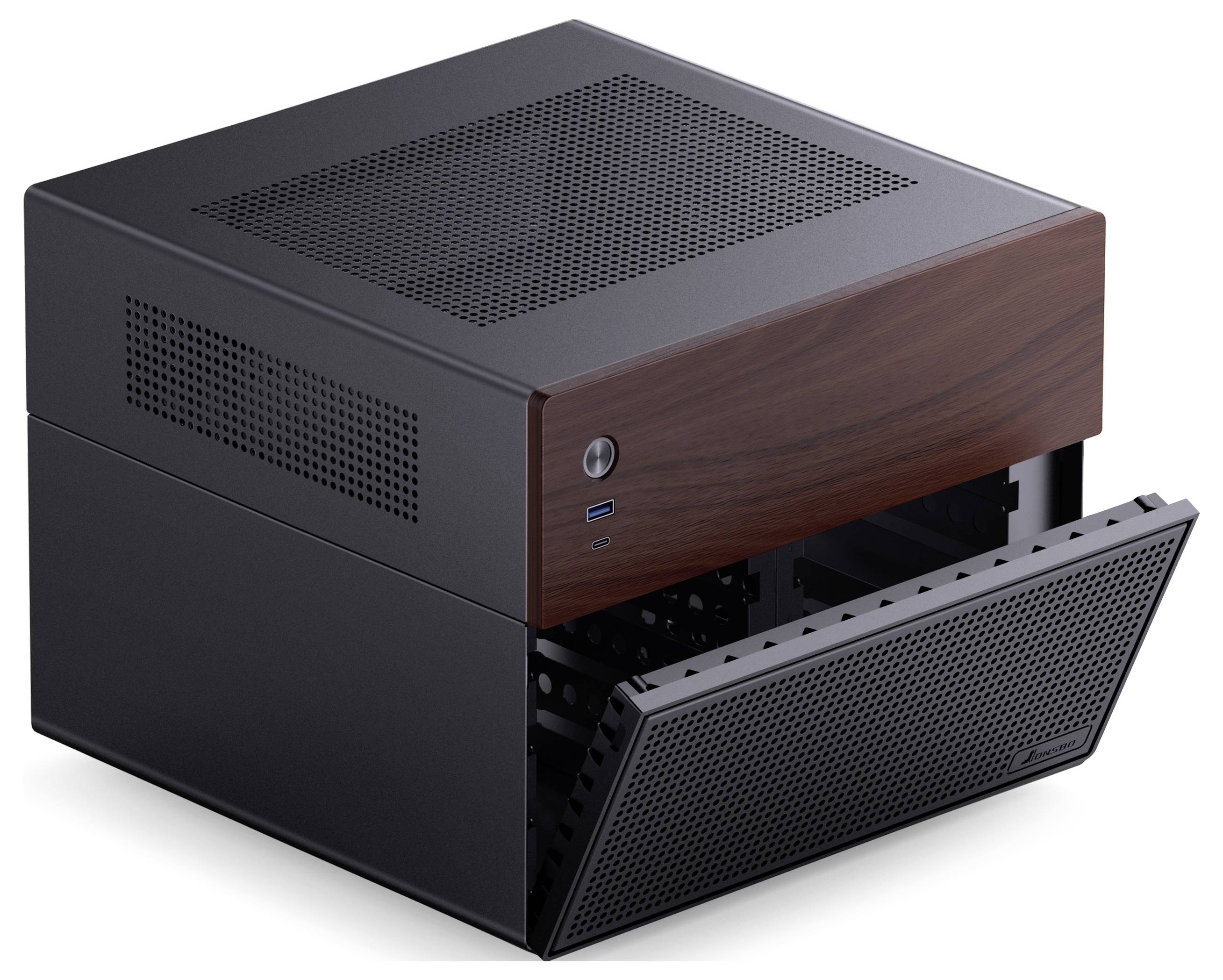 Schwarzes Computergehäuse mit Holzfront, Frontpanel geöffnet. Zeigt Belüftungsschlitze und Anschlüsse an der Vorderseite.