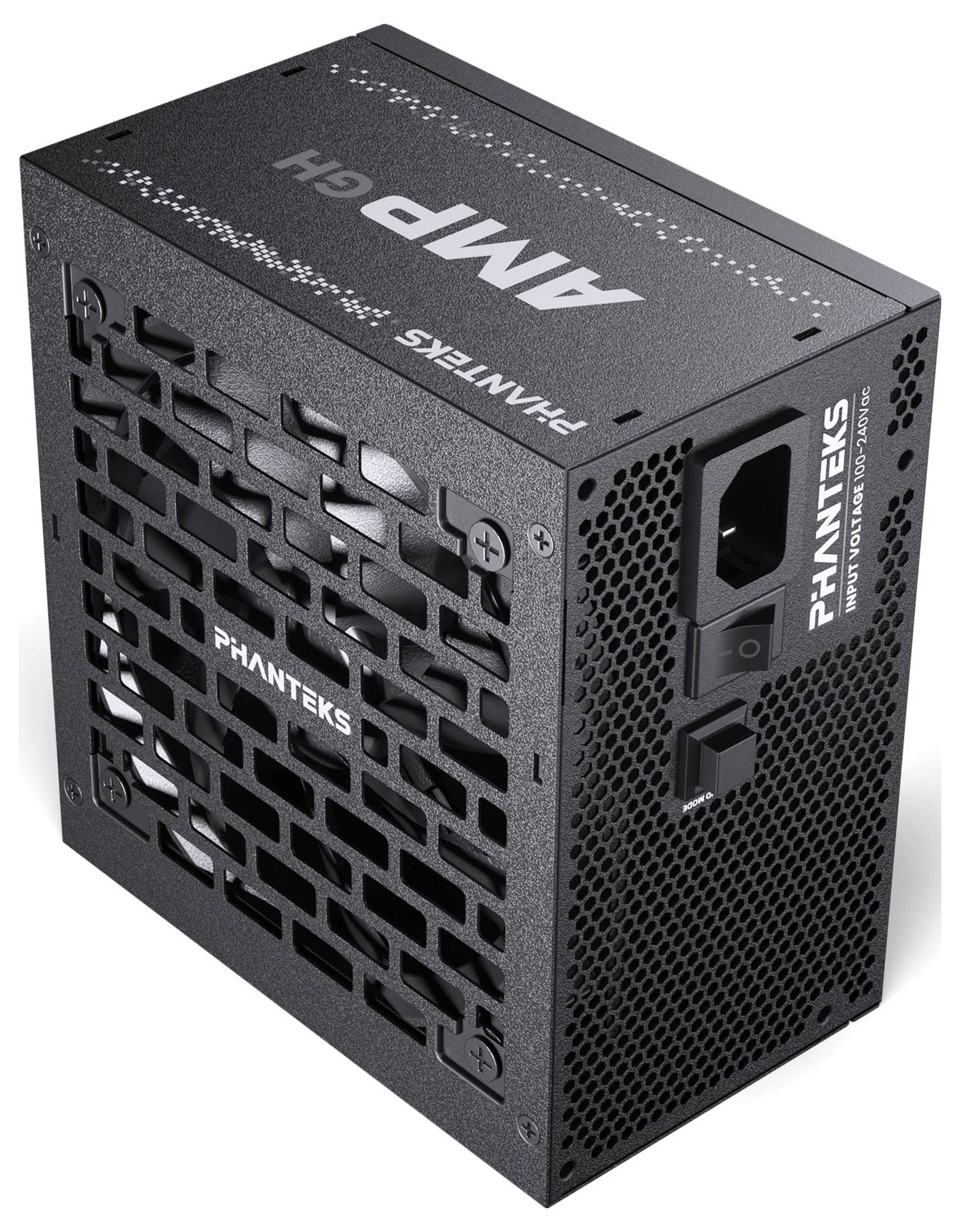 Ein schwarzes Phanteks Netzteil mit Lüftungsgitter.