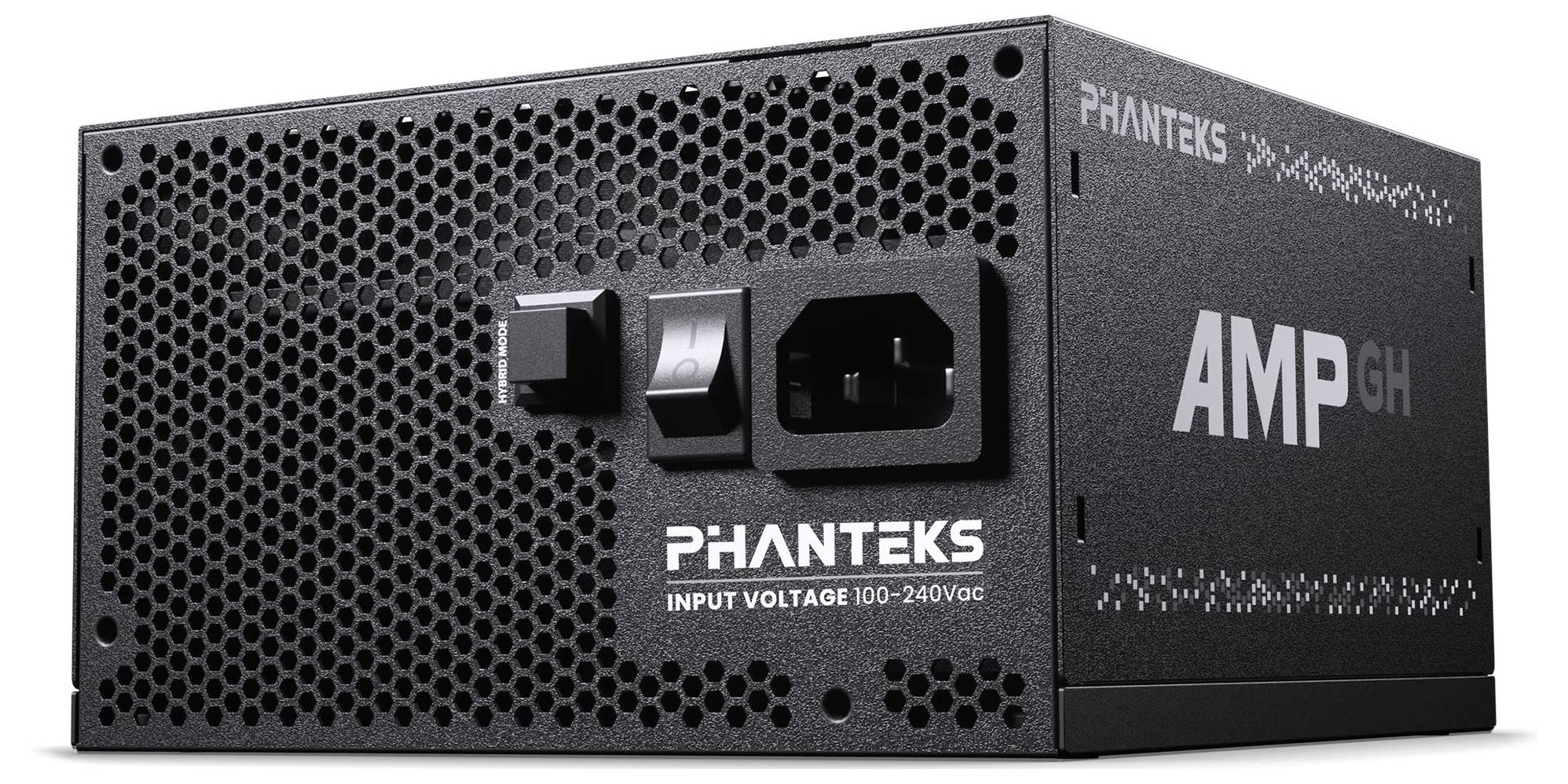 Netzteil der Marke Phanteks, Modell AMP. Zeigt Eingangsanschlüsse und Netzschalter. Spannung 100-240V. Schwarzes Gehäuse.