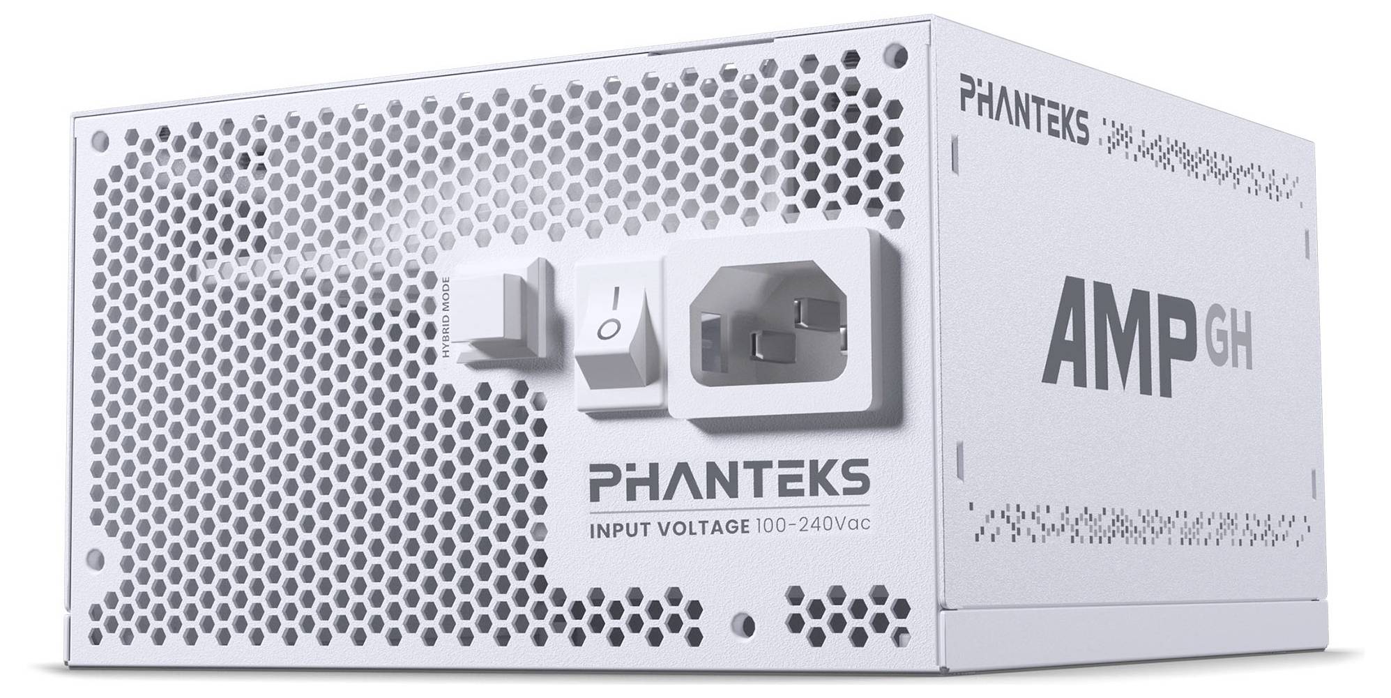 Netzteil von Phanteks, Modell AMP GH, weiße Gehäusefarbe, Eingangsleistung 100-240V erkennbar.